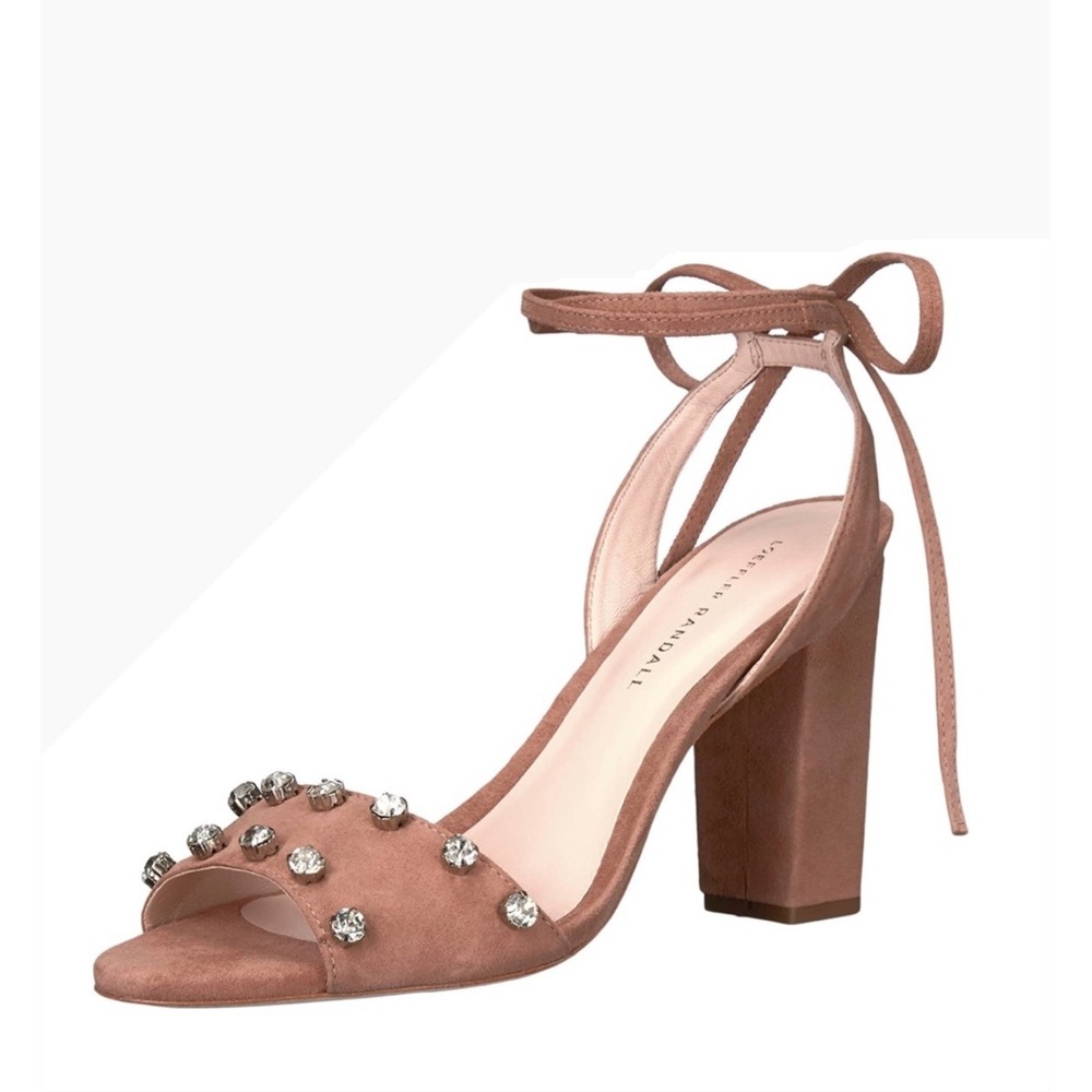 Loeffler Randall Tan Suede Crystal Studded Lace Up Block Heel Sandals Size 6